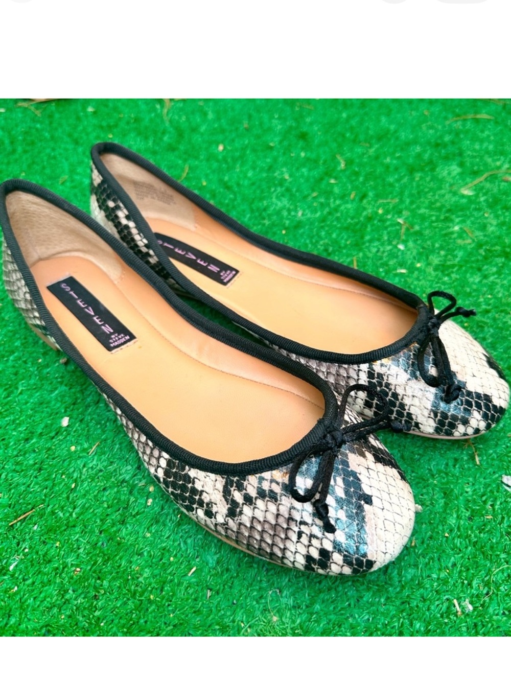 Steven By Steve Madden Snake-Print Ballet Flats in Black & Cream